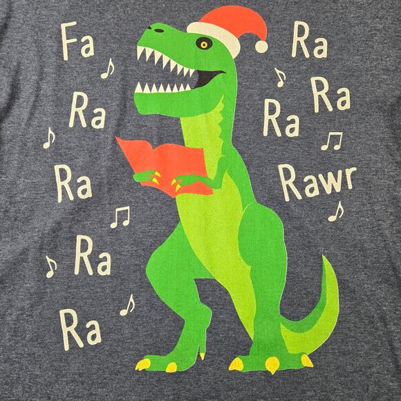 Fa Rawr Caroling T-Rex Santa Hat Tshirt Heather Blue sz Large Christmas Holiday - Picture 2 of 9